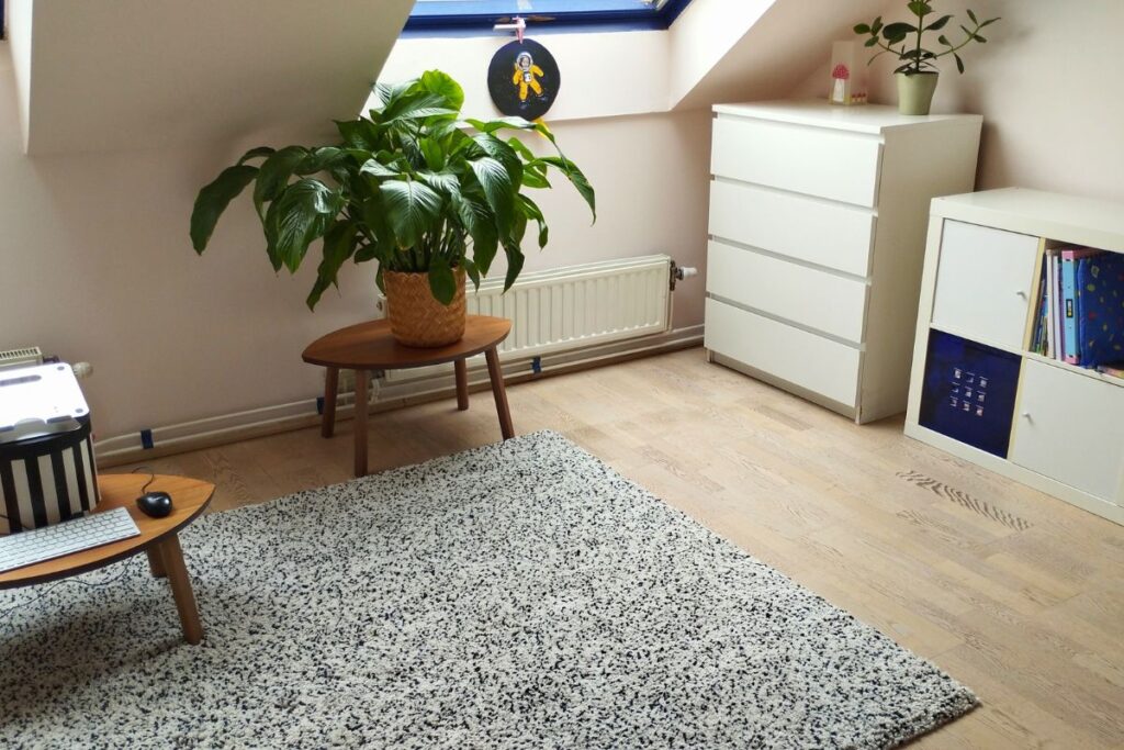 minimalistisch wohnen in einem Zimmer Arbeits- und Wohnbereich